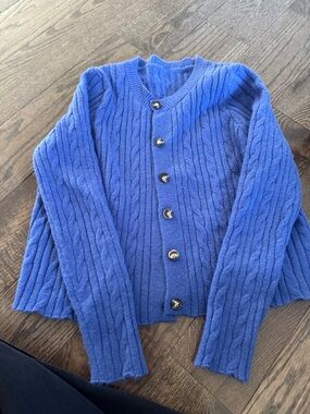 Cable Knit Button-Up Cardigan in Bright Blue